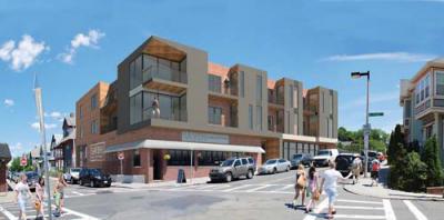 Savin Hill Ave. project: Architect’s rendering showed proposed condos over Savin Bar + Kitchen. Drawing courtesy RODE Architects.